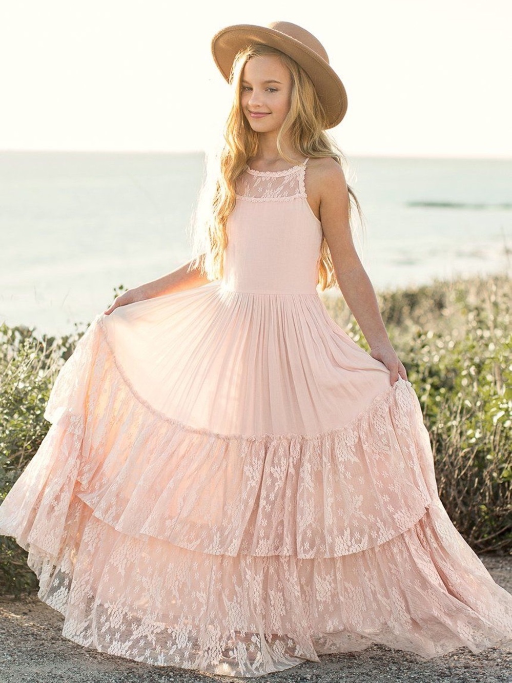Joyfolie Blush Pink Lace Tiered Formal Dress for Girls